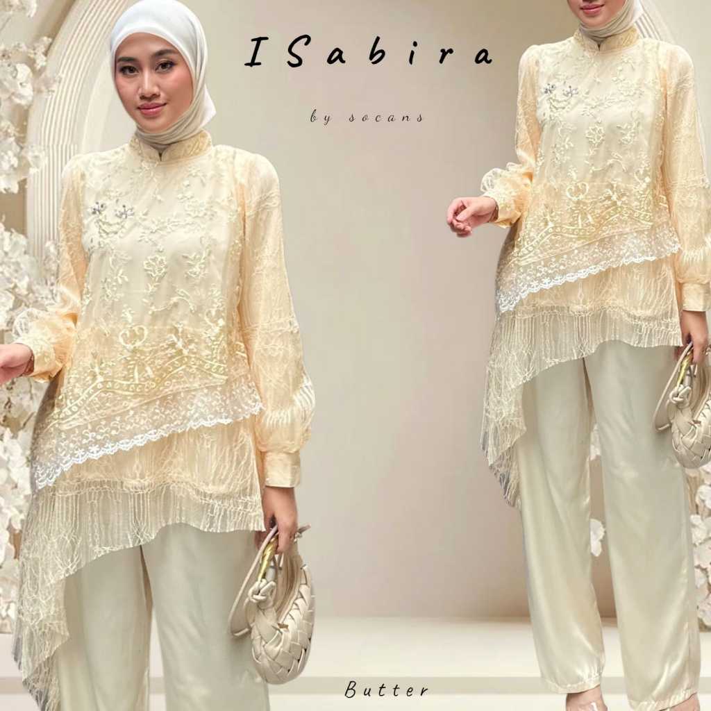 ISabira - setcel assymetris | oneset layering lace tile bordir | setelan celana chantily utk pesta k