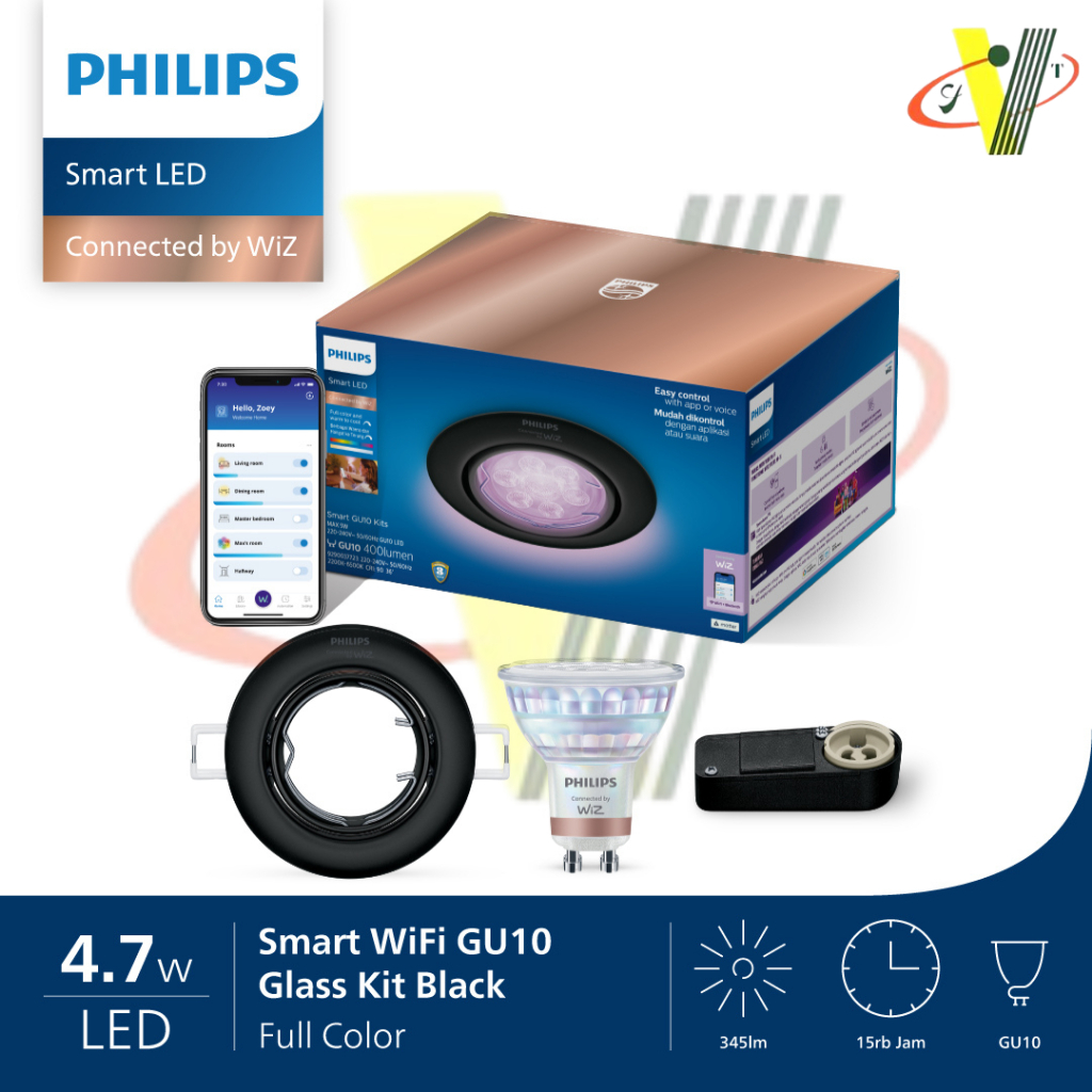 Lampu Philips LED Smart Wifi GU10 Glass Kit Black 4.7W Watt - Full Color RGB dengan fitting dan fram