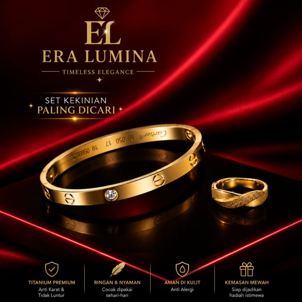 Jawerly Perhiasan Titanium  Asli 1 Set Gelang Tangan Kartir, Cincin Anti Karat