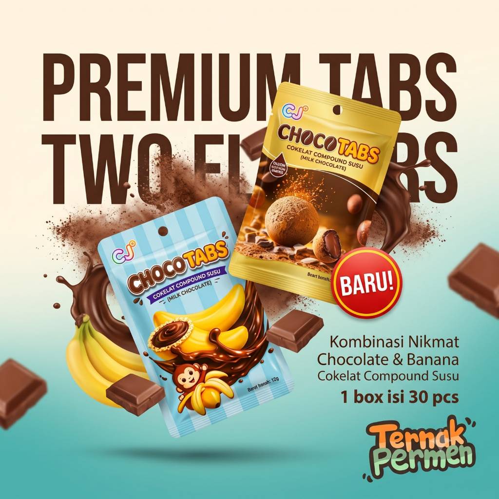CJ CHOCO TABS COKELAT COMPOUND POUCH BANANA COKLAT ISI 30 PCS-Camilan Manis Halal