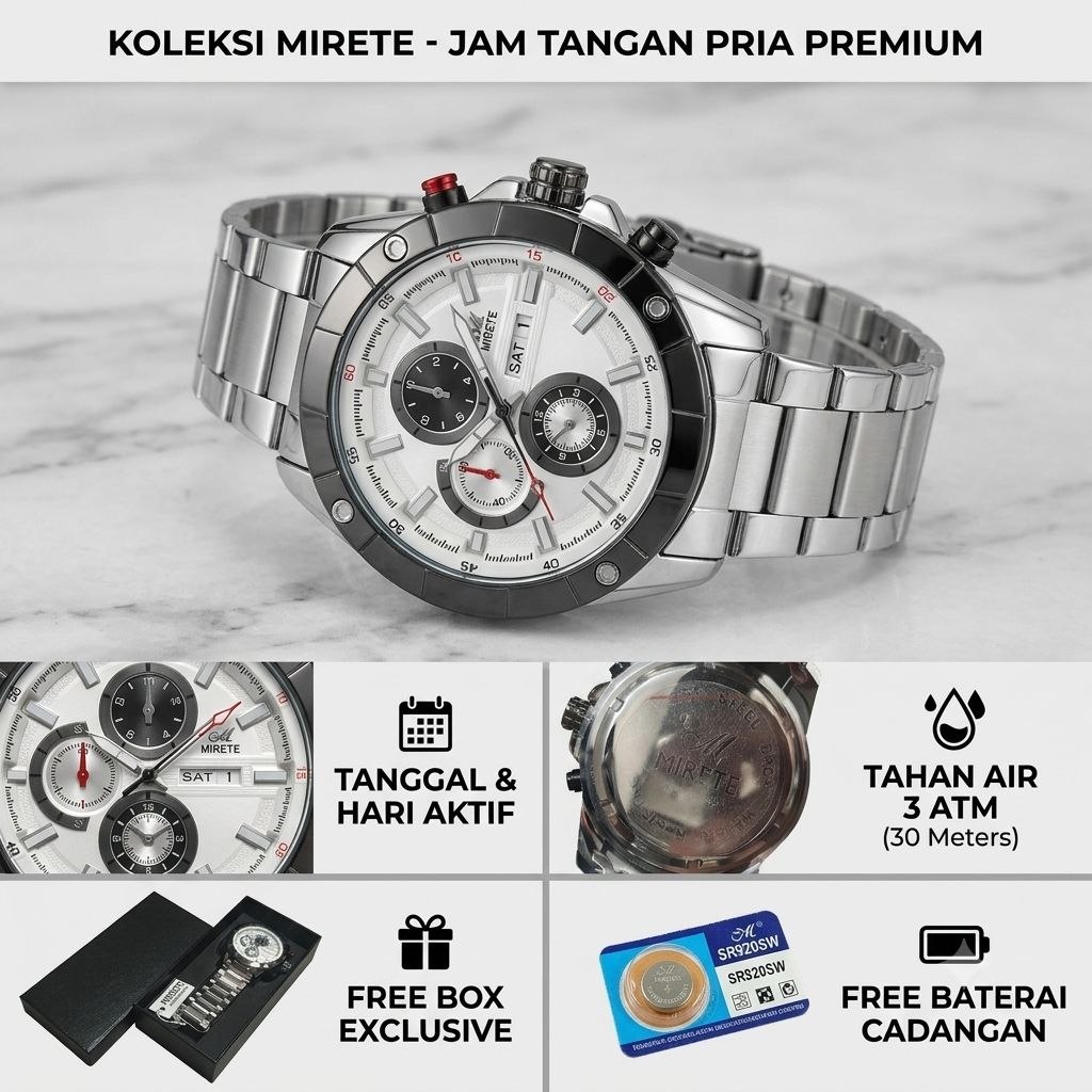 Jam Tangan Pria Silver / Putih Mirete Tanggal Hari Aktif Rantai Stainless