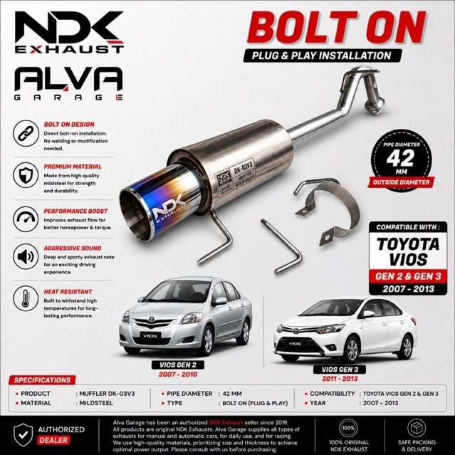 Bolt On Knalpot Racing Vios Gen 2 3 Muffler NDK EXHAUST DK03V3 Full Bass Bulat Monel Polos