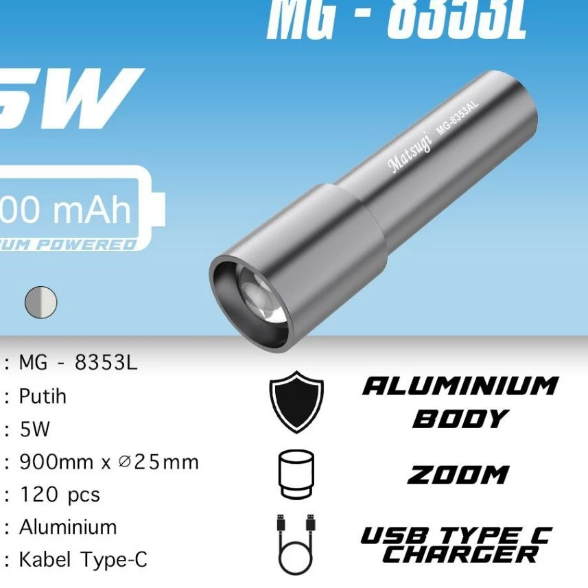 Senter tangan Zoom LED MATSUGI MG-8353AL 5W daya isi ulang cas Body Aluminium putih super terang