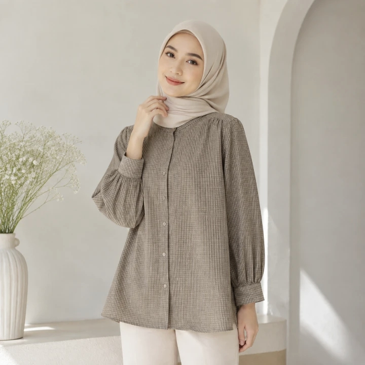 TendBlank Kemeja Wanita Kotak | Atasan Lengan Panjang Kerah Mandarin Longgar | Bahan Adem untuk OOTD