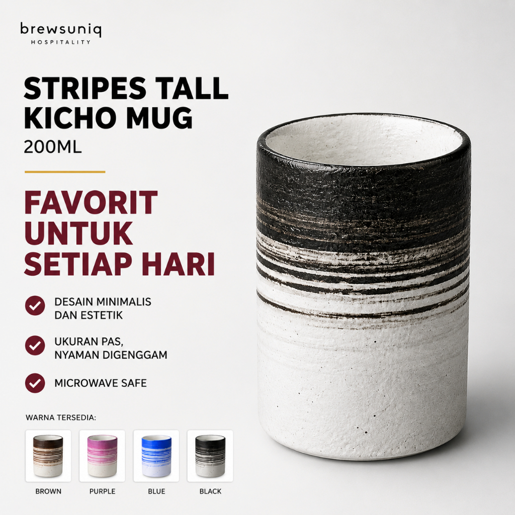 BREWSUNIQ - Stripes Tall Kicho Mug 200 ml | Cangkir Keramik Mug Kopi Teh Estetik Minimalis