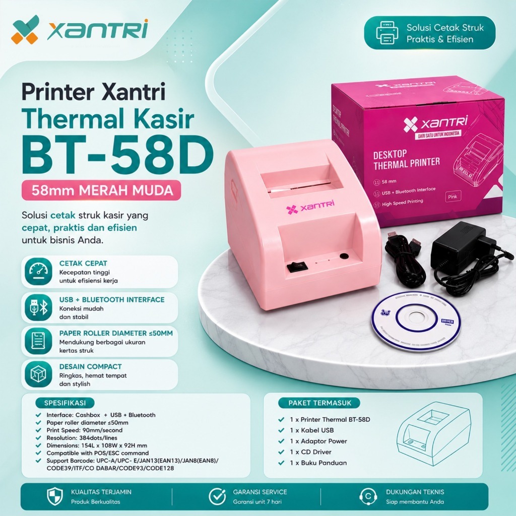 Xantri BT-58D Putih / Hitam /  Pink Printer Thermal 58mm untuk Kasir Support Bluetooth + USB Label 8