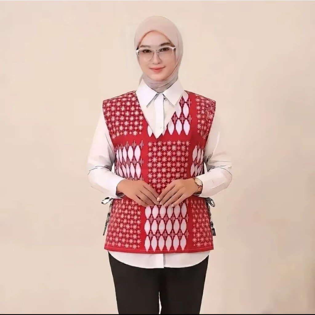 Rompi Batik Wanita ModernVest Batik Wanita Outer Style Kerja Bahan Katun Premium Merah Putih