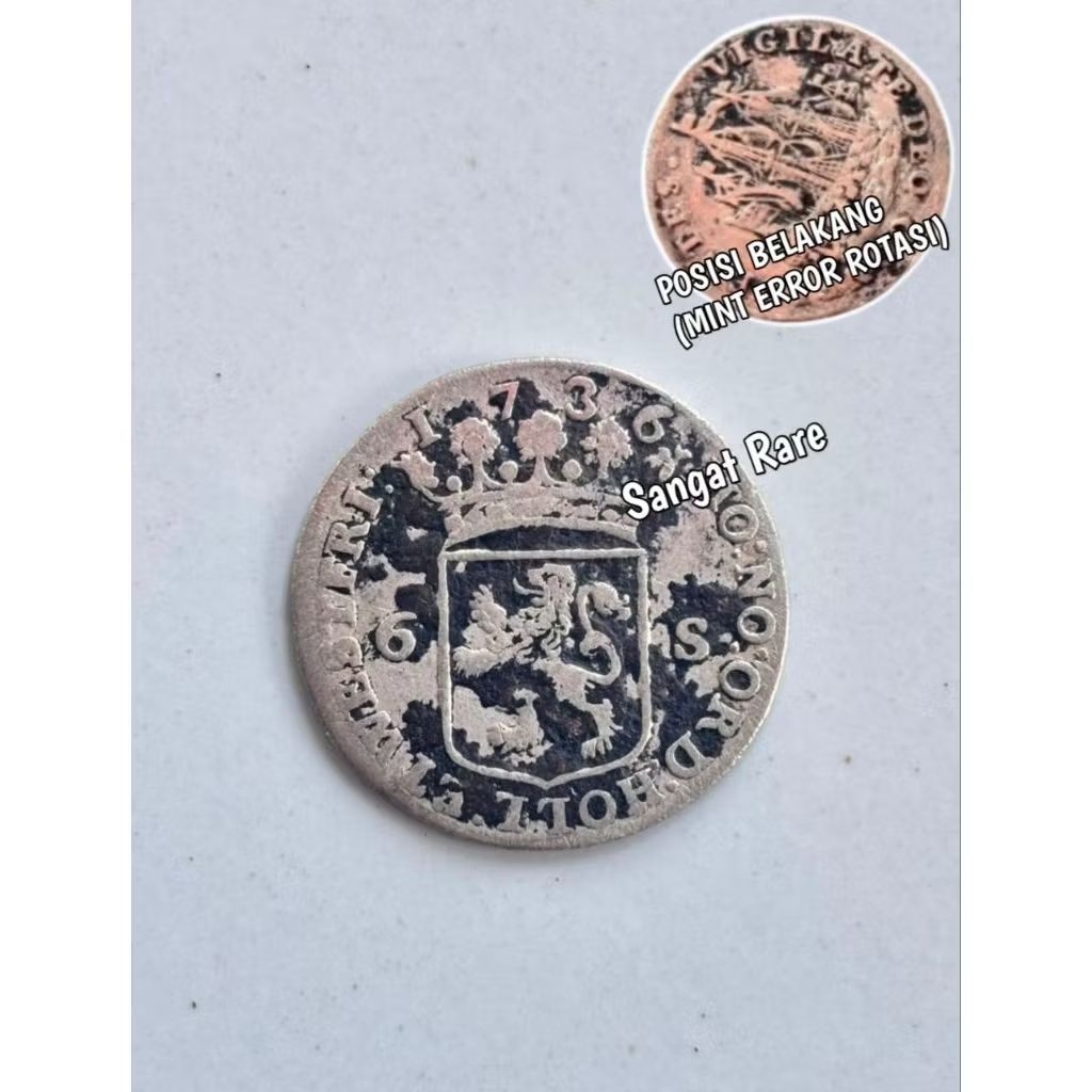 Koin Perak Kuno VOC Belanda 6 Stuivers 1736 Holland - RARE ERROR ROTASI - Tahun Tua - 100% Asli Mura