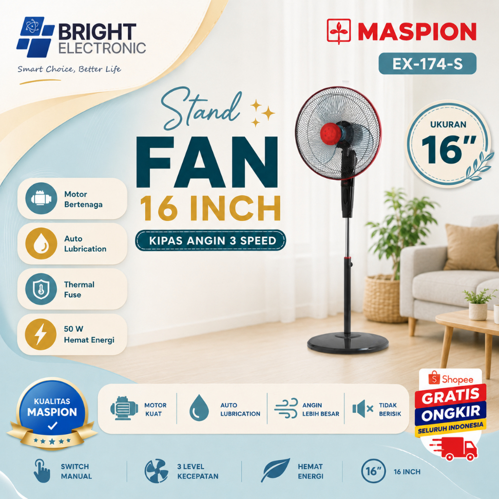 MASPION  EX-174-S STAND KIPAS 16 INCH/ EX174/EX-174/EX 174/KIPAS BERDIRI 16 INCH /STAND FAN 16"