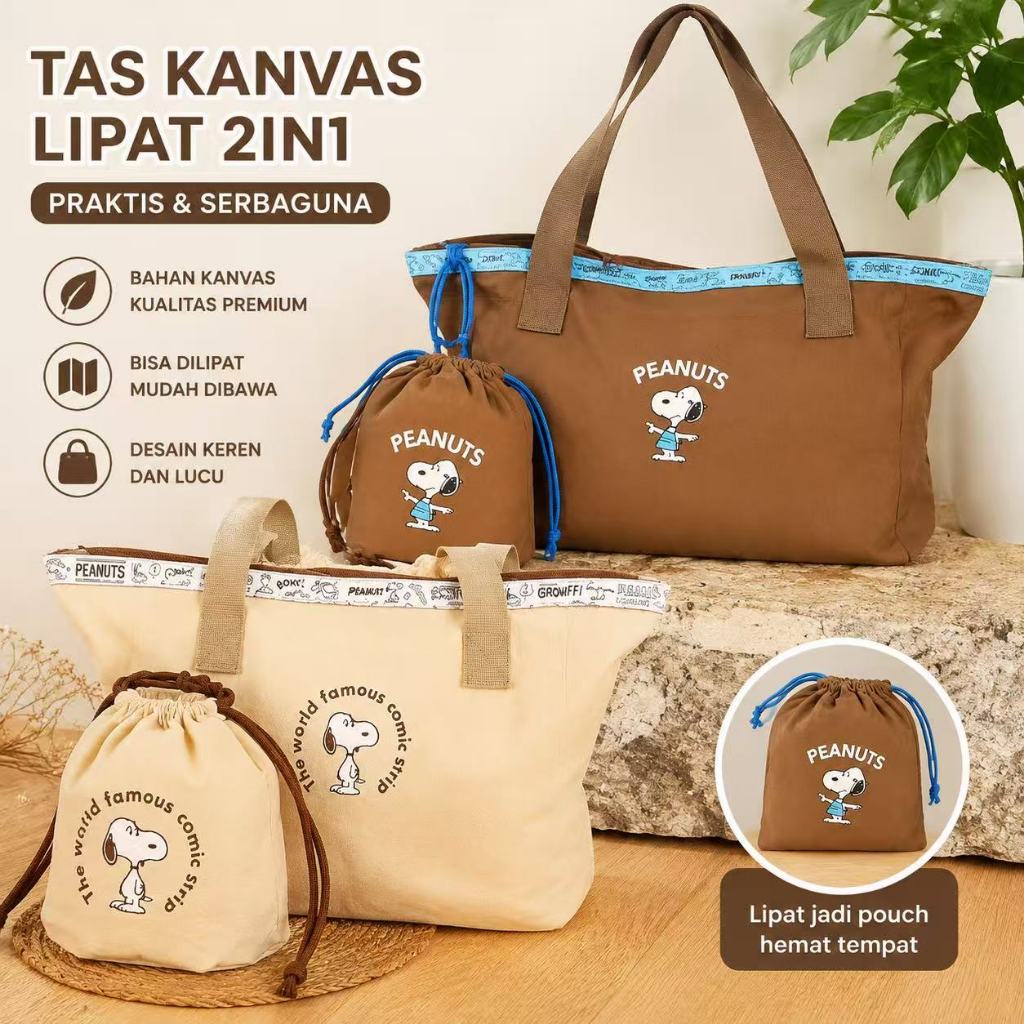 Jinjing Snoopy PEANUTS Tas Jinjing Snoopy PEANUTS Serbaguna Bonus Tas Serut Lipat Mudah Simpan