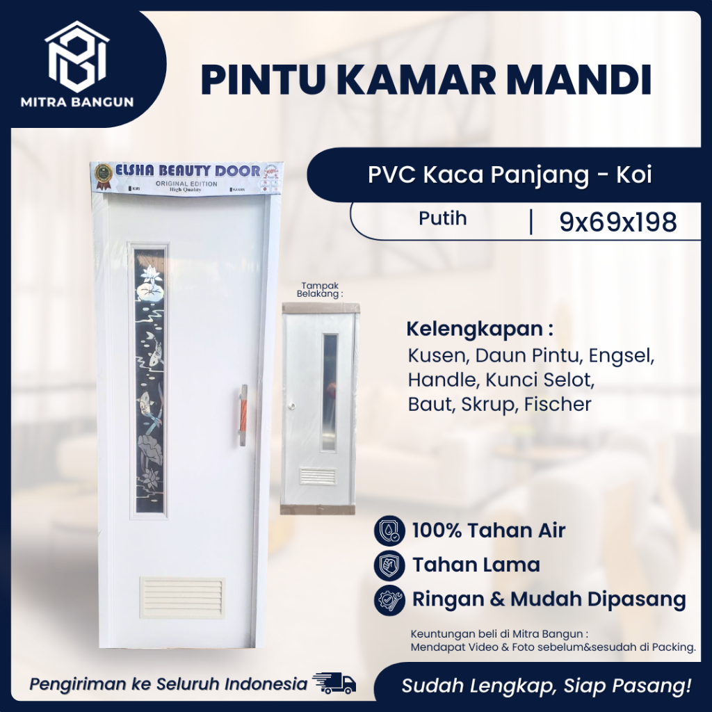 (Ready Stock) Pintu Kamar Mandi Toilet PVC Putih 70x200 Minimalis Awet Motif Kaca Polos 69x198