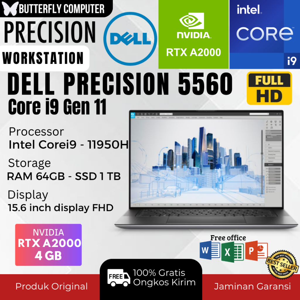 Laptop Dell Precision 5560 WorkStation Core i9 Gen 11th - RAM 32GB SSD 1TB - VGA QUADRO RTX A2000 4G
