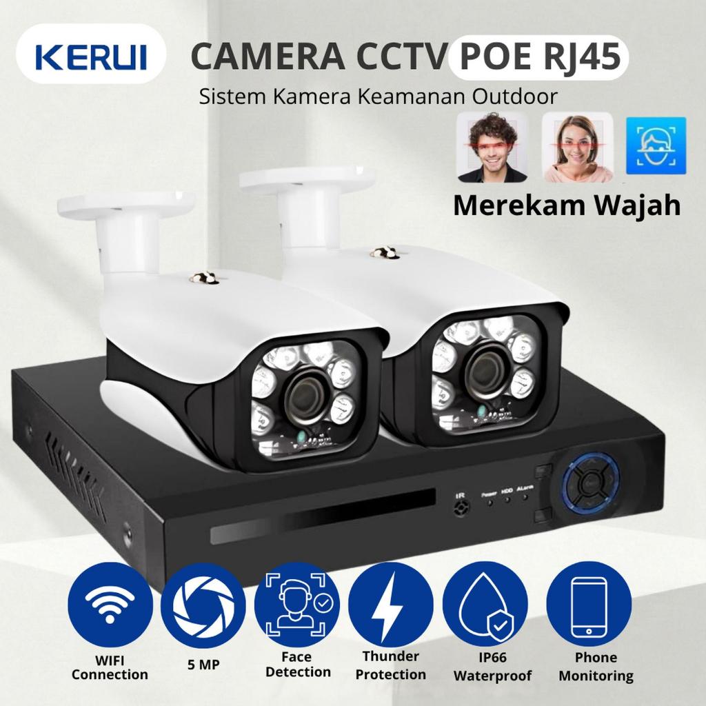 KERUI Camera CCTV POE NVR 8 Channel Paket 2 kamera Mendeteksi Wajah