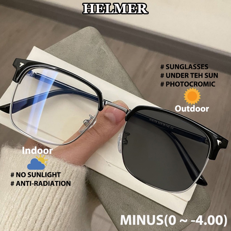 Minus (0~-4.00°) Kacamata Photochromic Anti Radiasi Pria Wanita Kacamata Kotak Bingkai Logam Bisnis 