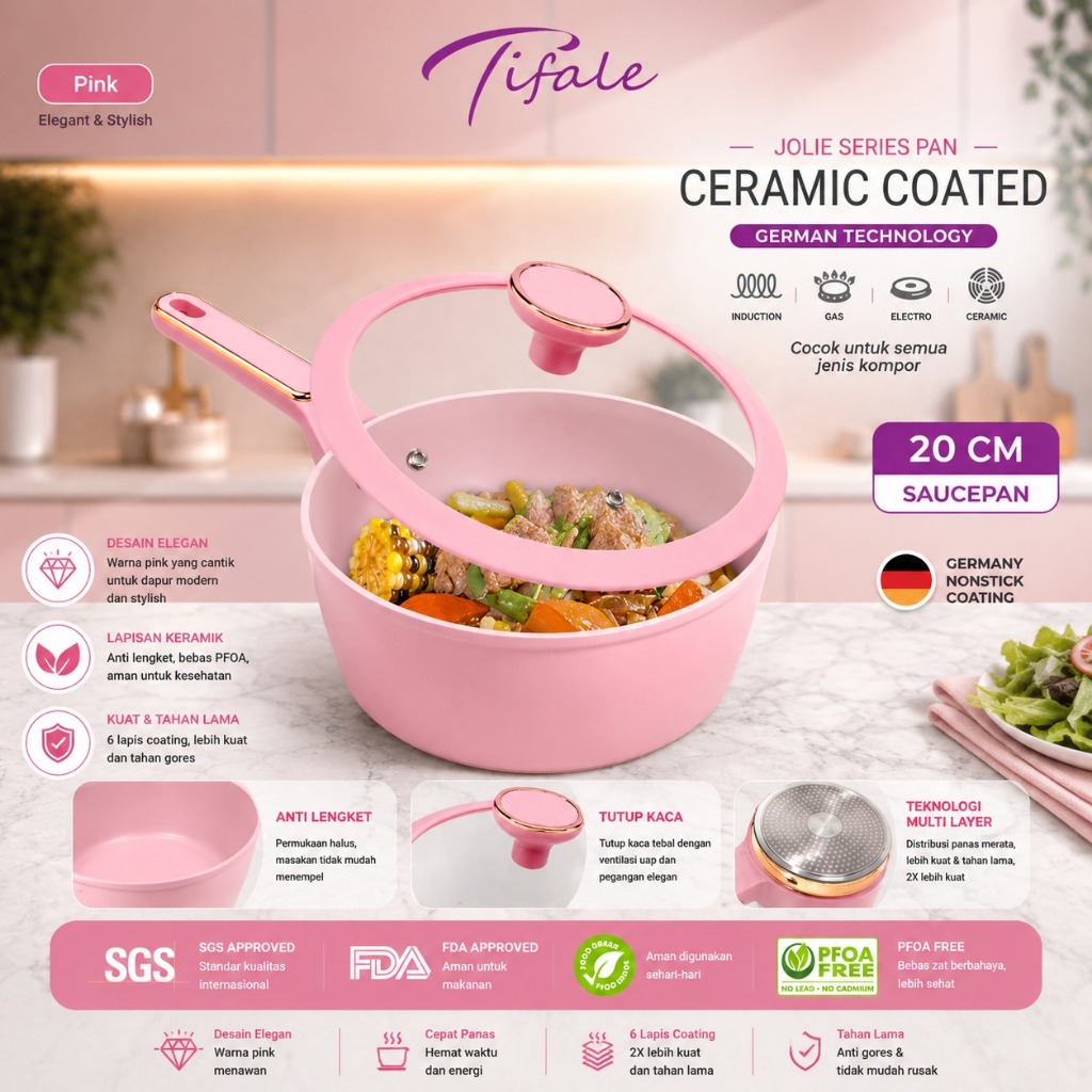 Tifale Aesthetic Jolie Sauce Pan 20CM Pink Panci Granit Marble Anit Lengket Panci Mpasi