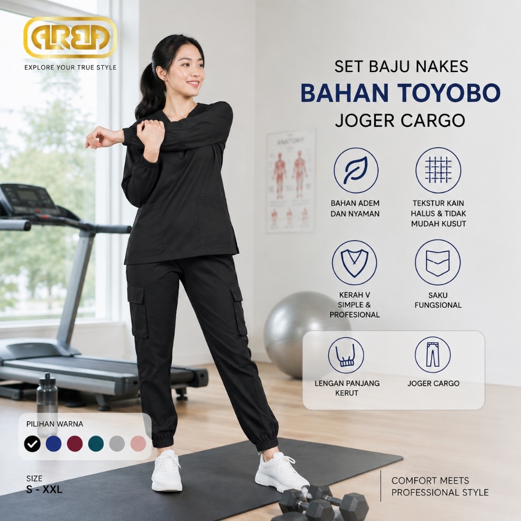 Baju OK JOGGER Cargo Toyobo Scrub Lengan Panjang, scrub Medis Lengan Kerut Bahan Toyobo PREMIUM