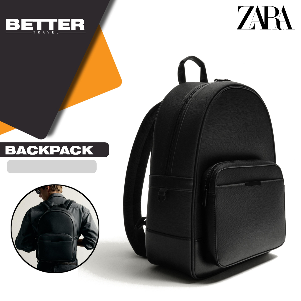 Tas ZARA backpack pria kuliah kantor daily ransel full black kasual