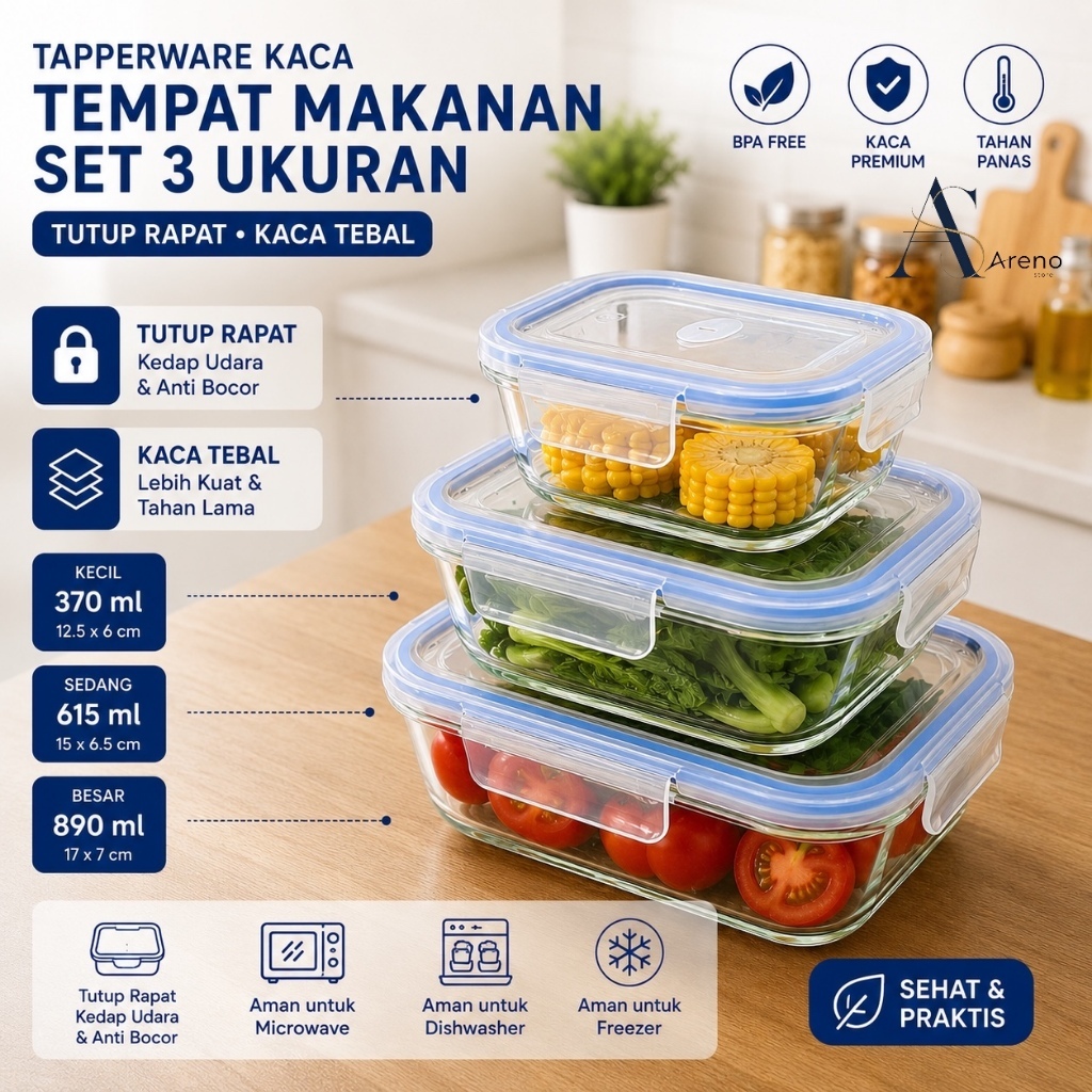 Tapperware Kaca Premium Tempat Makanan Set 3 Ukuran Kedap Udara