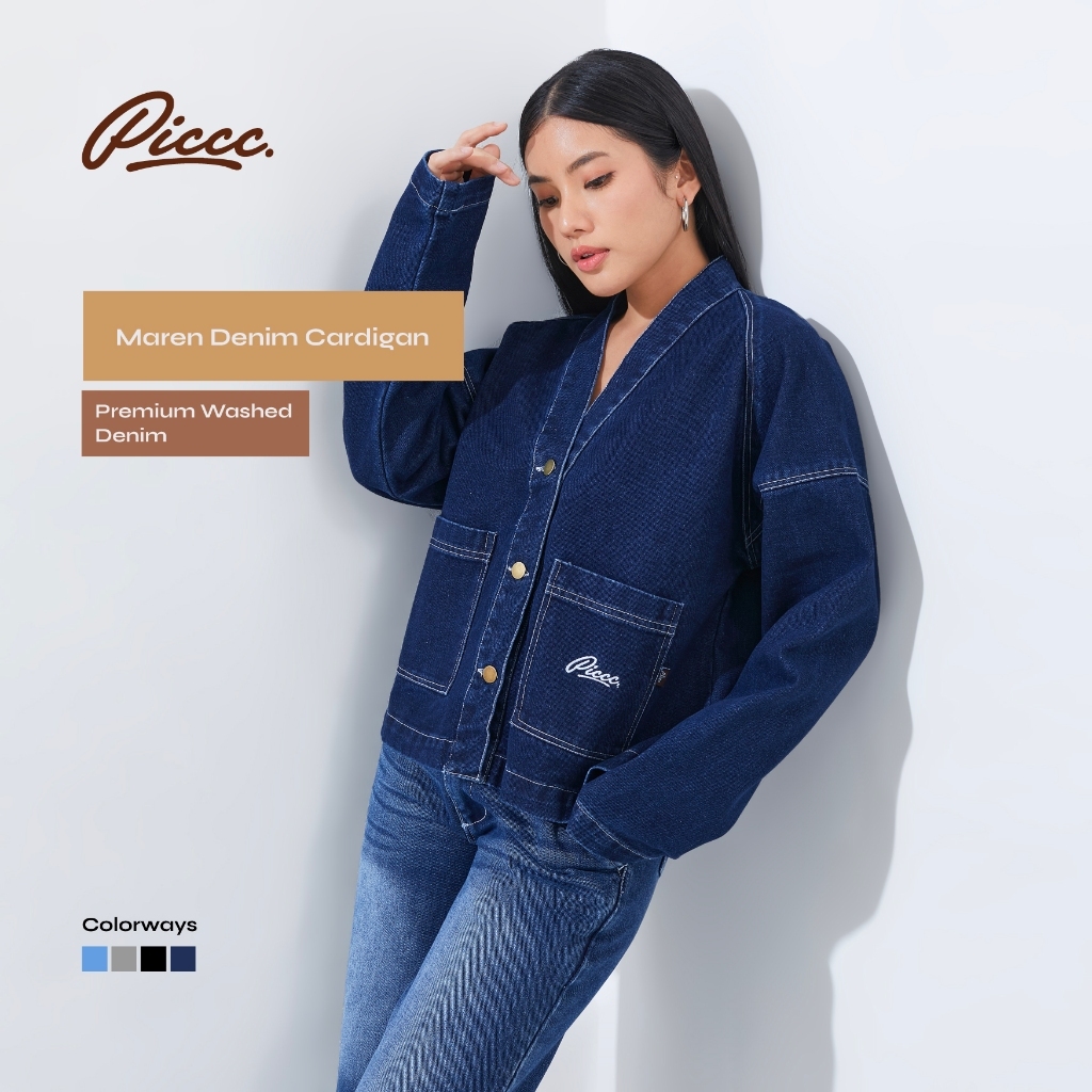 PICCC - Outer Atasan Denim Cardigan Wanita MAREN Jeans Casual Lengan Panjang