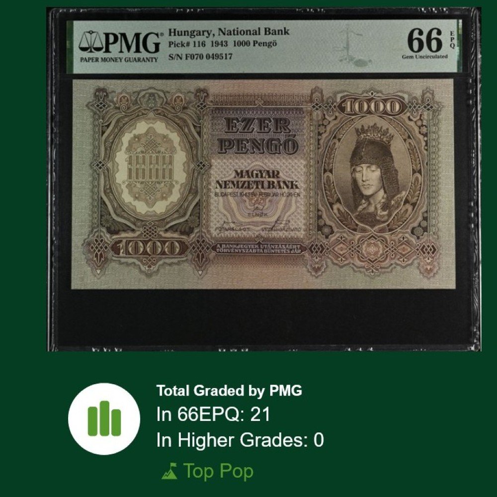 Uang LANGKA Hungary 1000 Hungaria 1000 Pengo, 1943, TOP POP PMG 66 EPQ Gem UNC P# 116