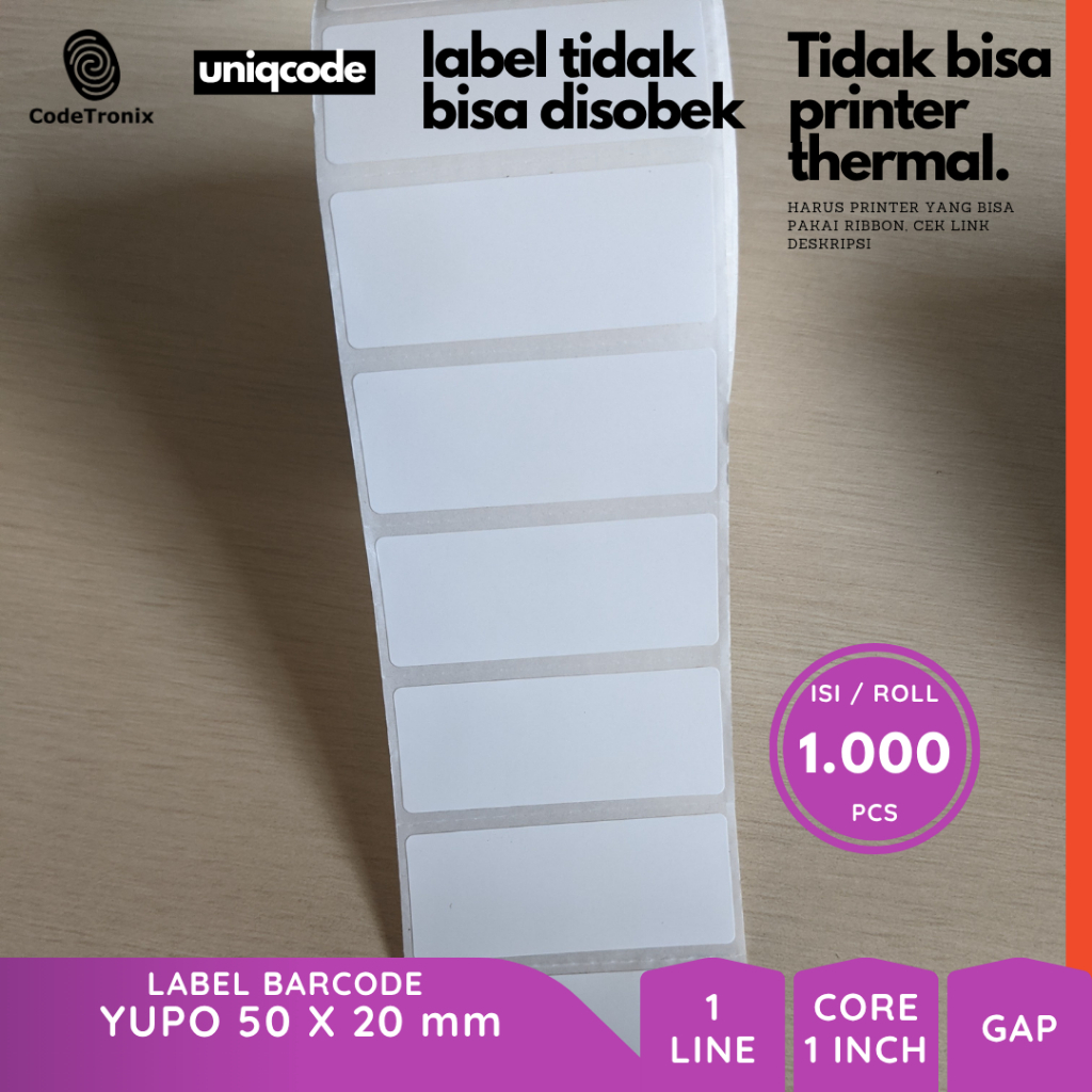 Label Sticker Kertas Yupo 50x20 Vinyl Stiker Barcode Roll 1 Line 1000 pcs