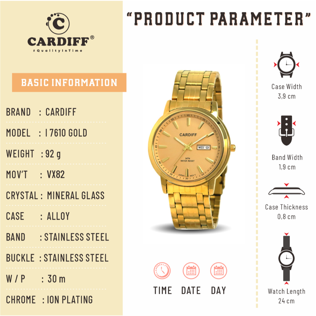 CARDIFF Analog I 7610 Jam Tangan Kasual Pria Rantai Water Resist
