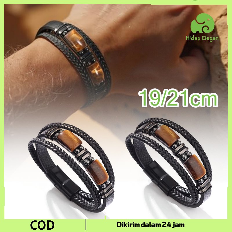 Gelang Pria Premium Mata Harimau Alami Gelang Kulit Vintage Dipersonalisasi Gelang Pria Kulit