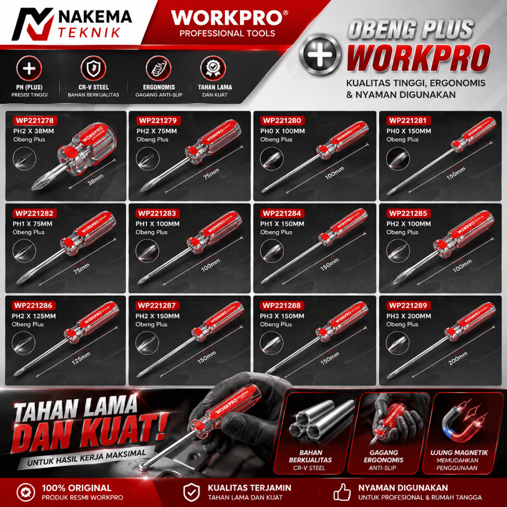 WORKPRO Obeng Plus Phillips PH0 PH1 PH2 PH3 CR-V Steel | Obeng Tangan Original