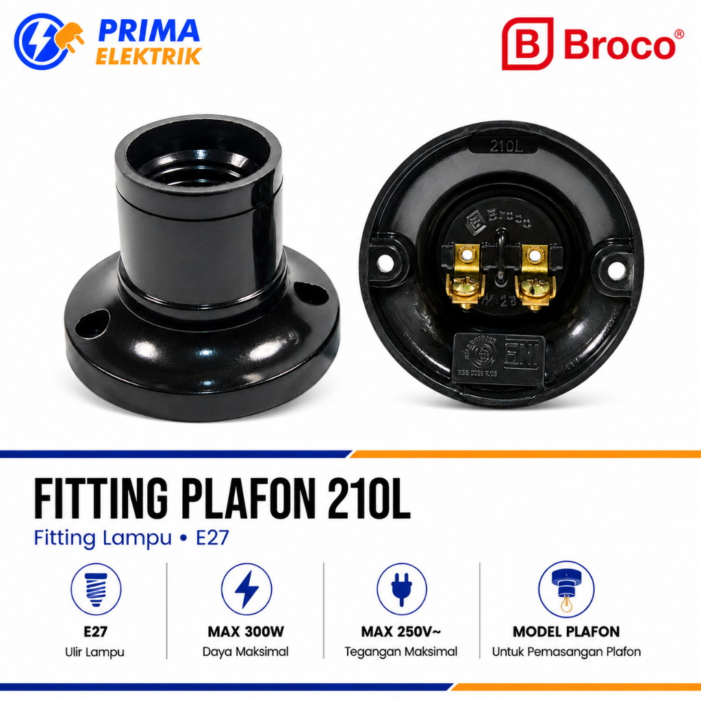 Fitting Plafon Broco 210L Hitam E27 Max 300W 250V SNI - Fitting Lampu Tempel Plafon Original Tahan P