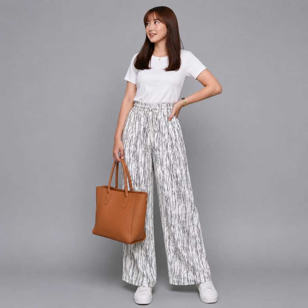 PREMIUM - Everyday Pants Strip - Celana Panjang Wanita Baggy Kantor Kuliah - Kulot Motif Salur Abstr