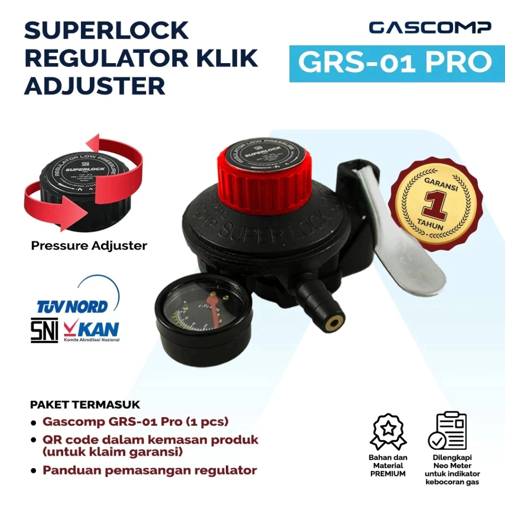 GASCOMP Regulator Gas Tabung LPG GRS01 Superlock Double Lock Low Pressure Meter SNI Garansi Resmi