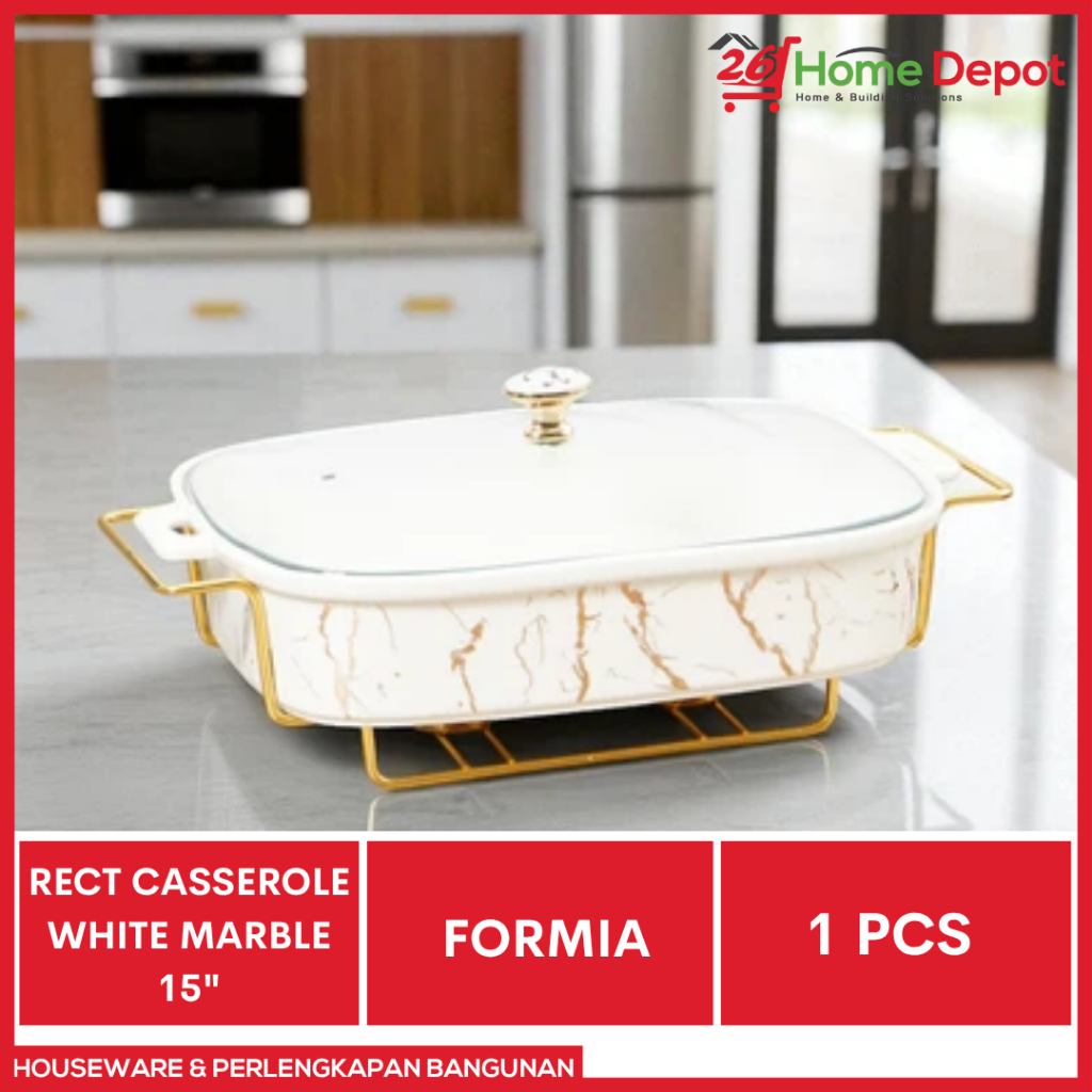 FORMIA RECTANGULAR CASSEROLE WHITE MARBLE 15" - WADAH SAJI PRASMANAN KERAMIK PREMIUM