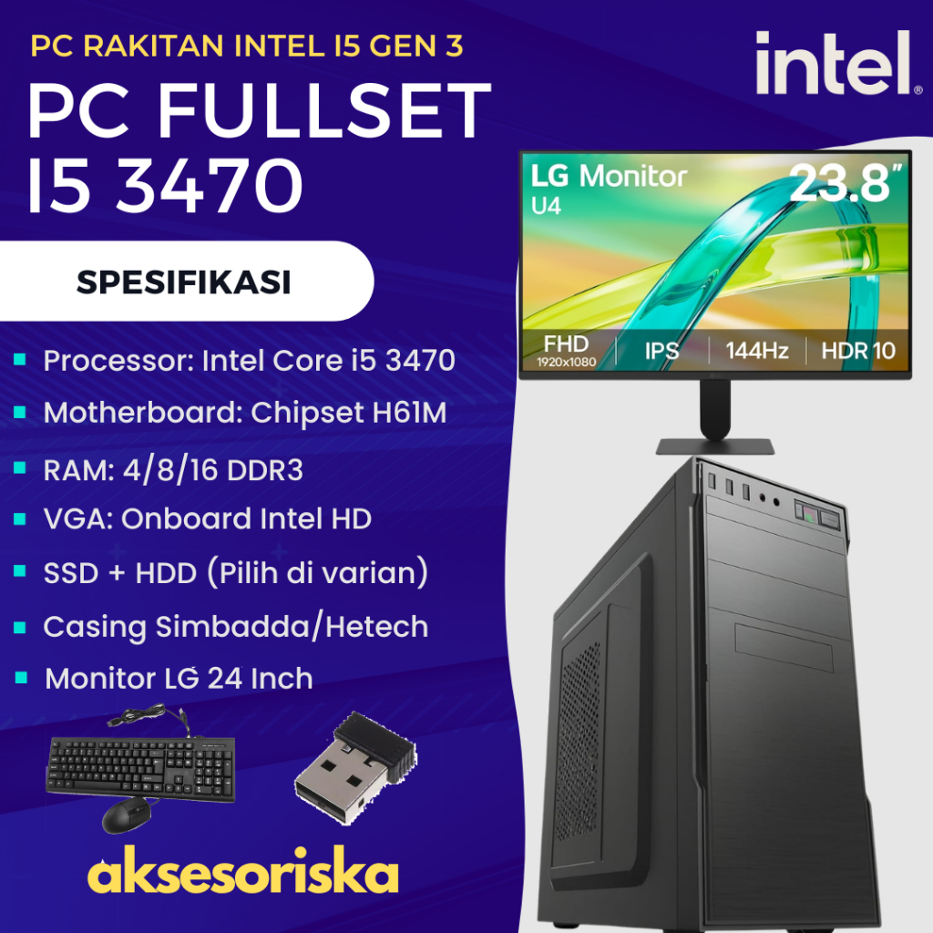 PAKET LENGKAP PC RAKITAN KOMPUTER CPU KANTOR Intel Core i5 3470 MONITOR LED LG 24 Inch FULLSET Intel