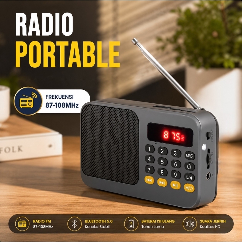 Radio Portable Jernih Speaker FM Bluetooth Flashlight LCD 108MHz Antena Set