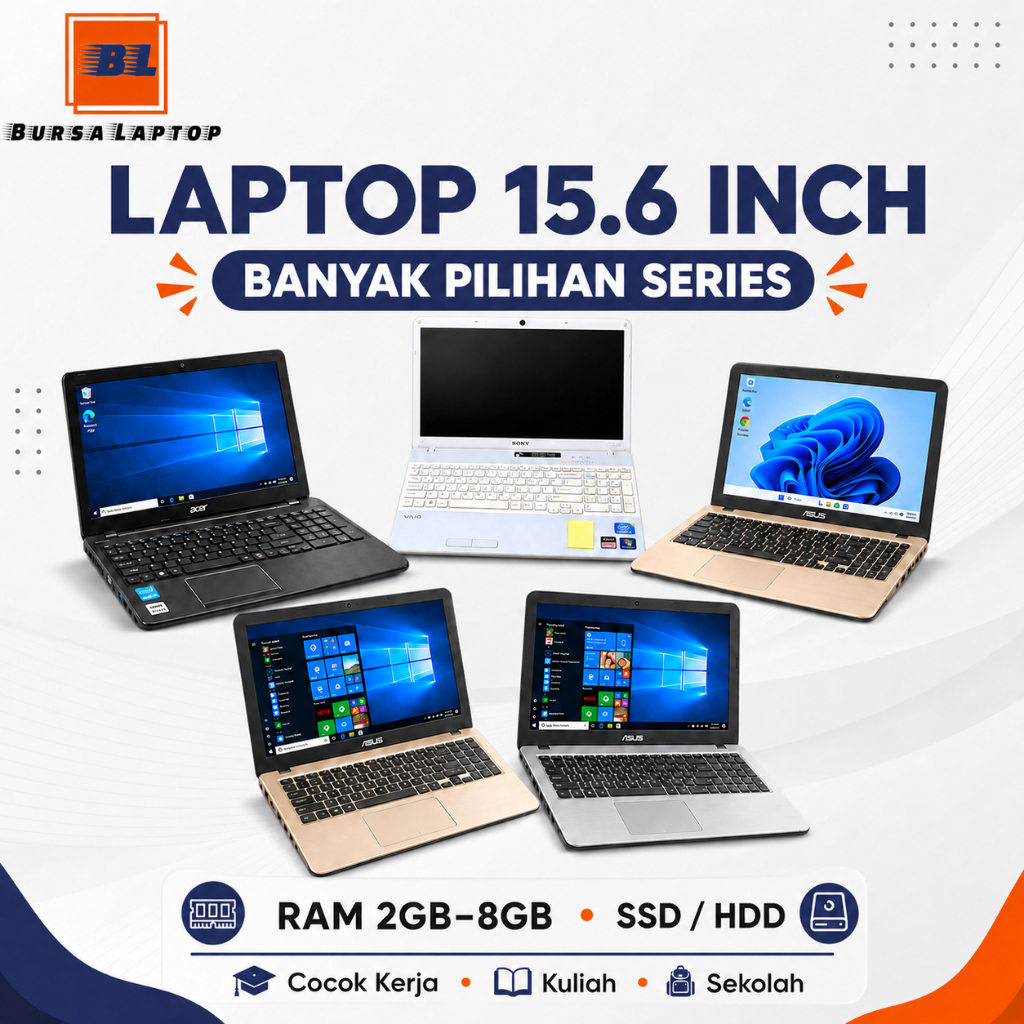 Laptop Second 15.6 Inch Murah ASUS Acer HP Sony | Core i3 AMD A9 N3350 N3050 | RAM 2GB-8GB SSD HDD C