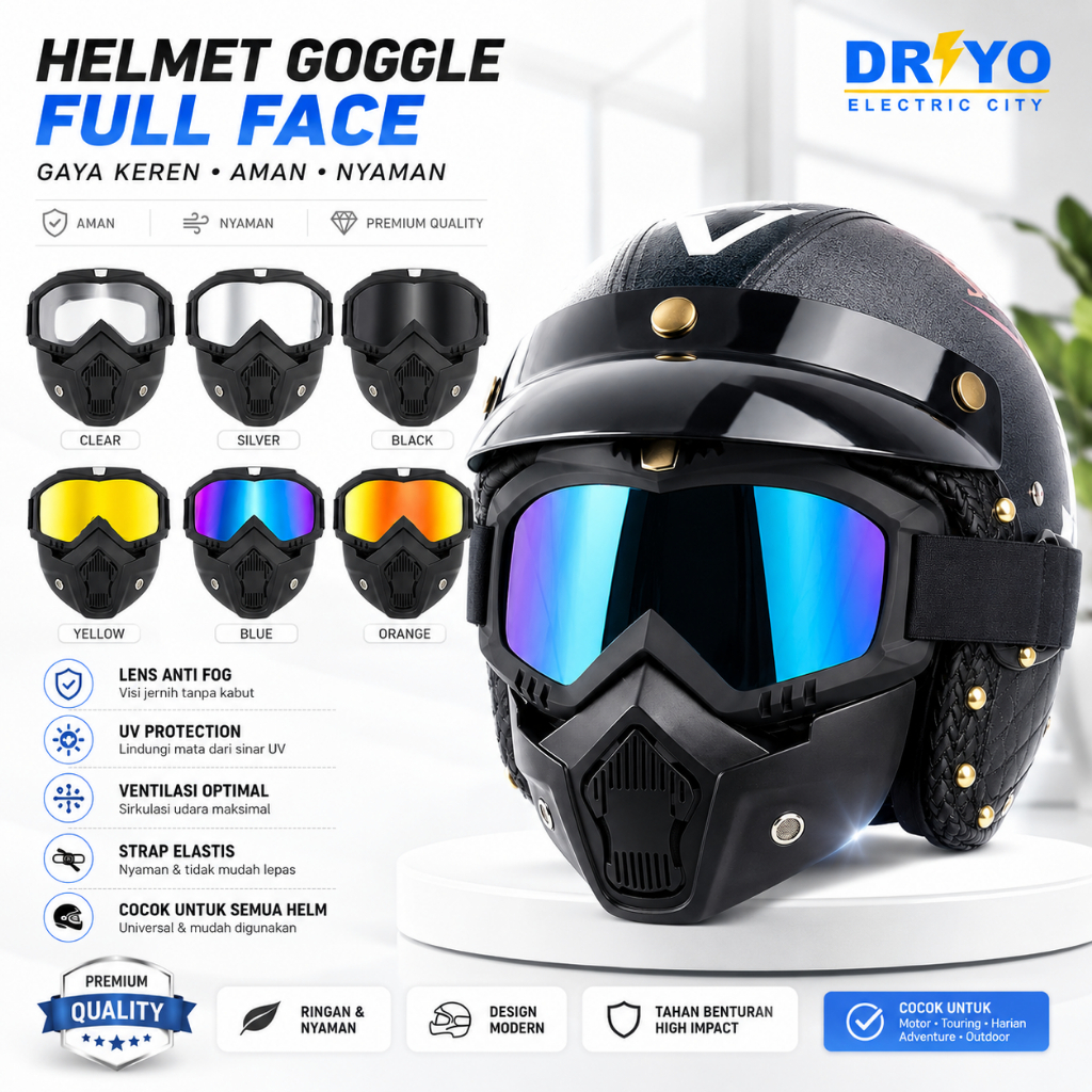 ORIGINAL Goggles Kacamata + Masker Full Face Helem Goggle Mask Helm Gun Ski Motor Cross Topeng Kaca 