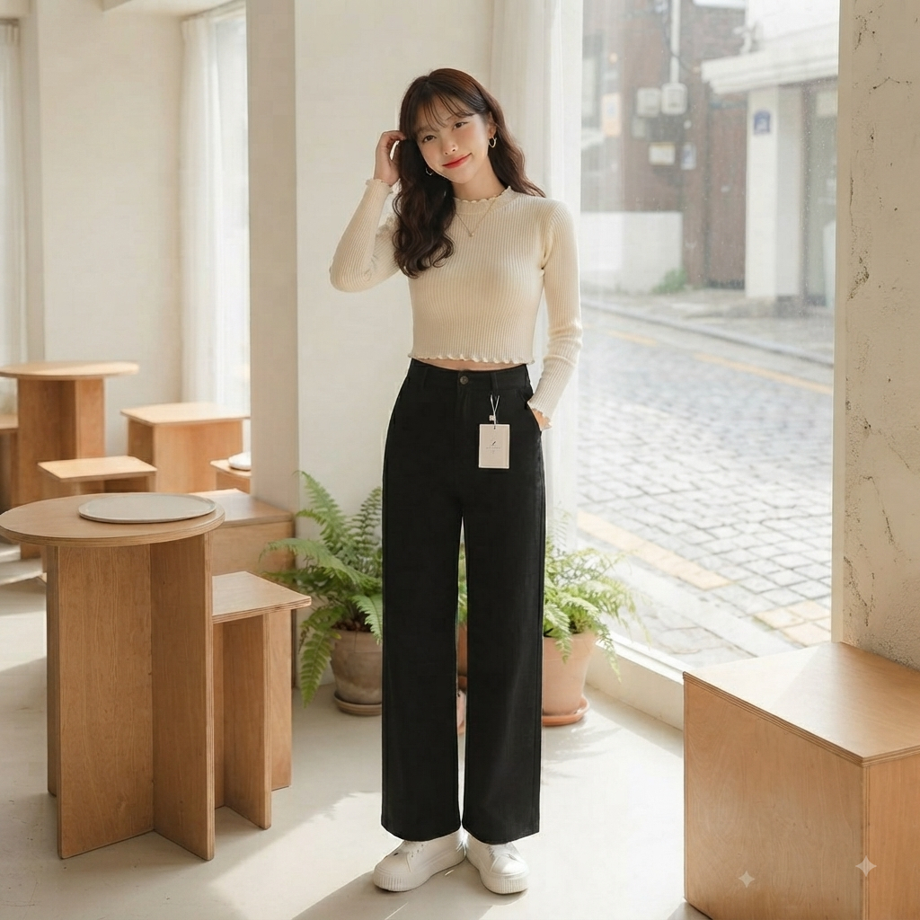 Celana Kulot Wanita Hitam Pinggang Tinggi Longgar Casual Soft Jeans