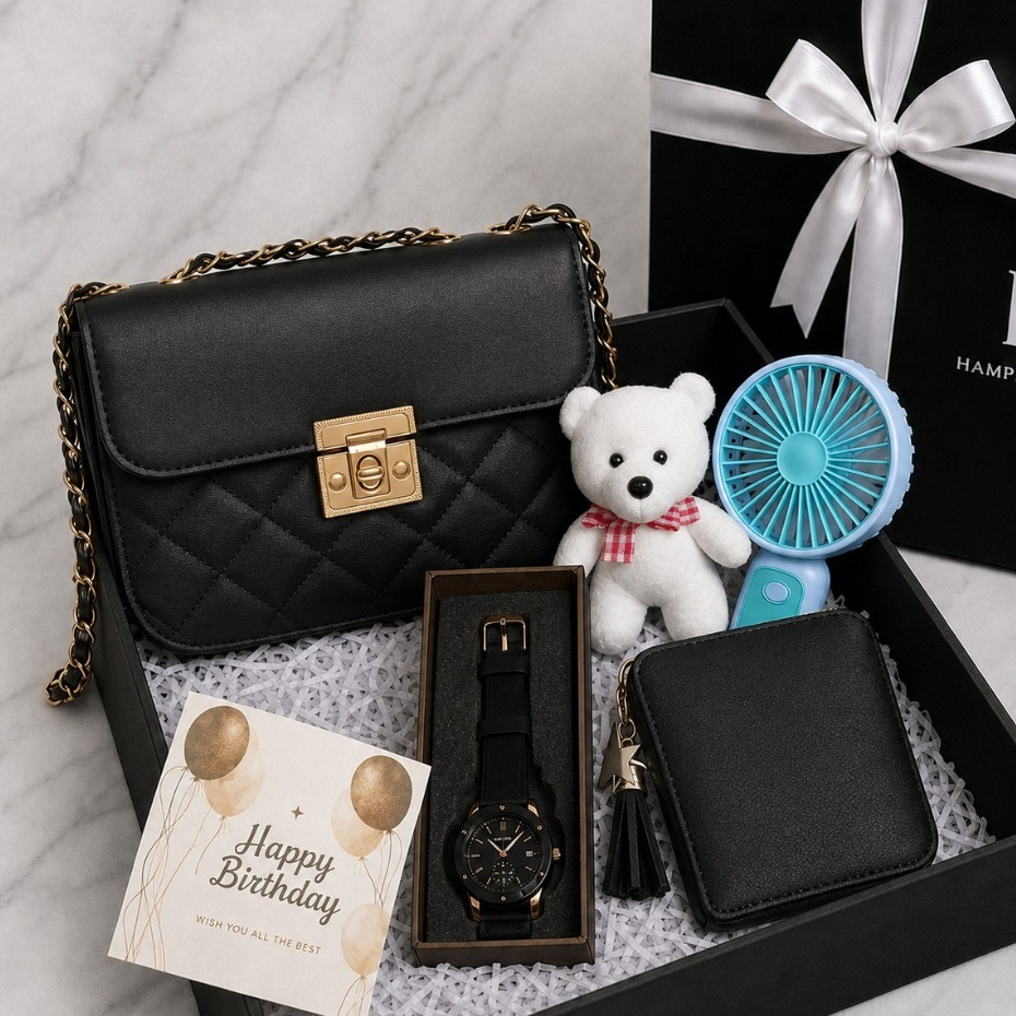 Hampers Gift Box Wanita Set Jam Tangan Tas Dompet Kotak Kado Ulang Tahun