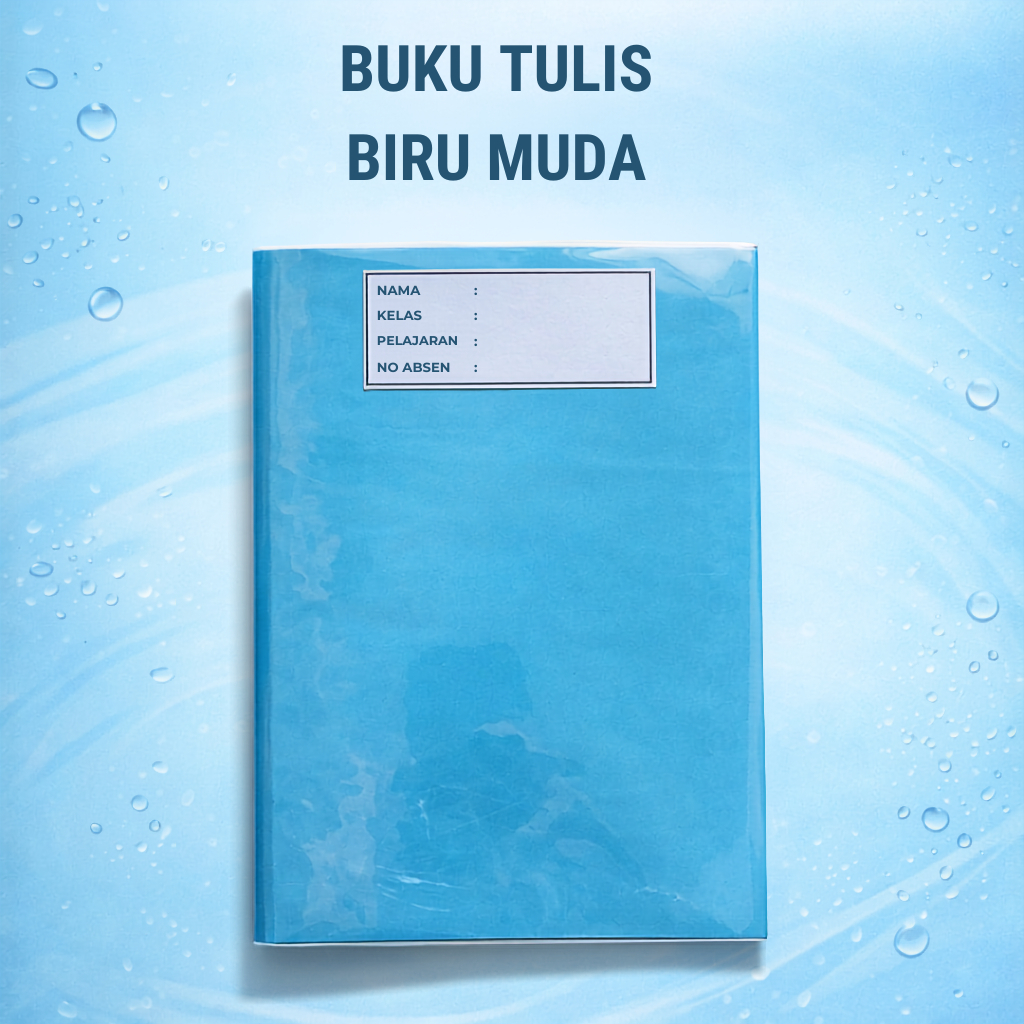 buku tulis bersampul biru muda dan sudah disampul plastik (tinggal pakai)