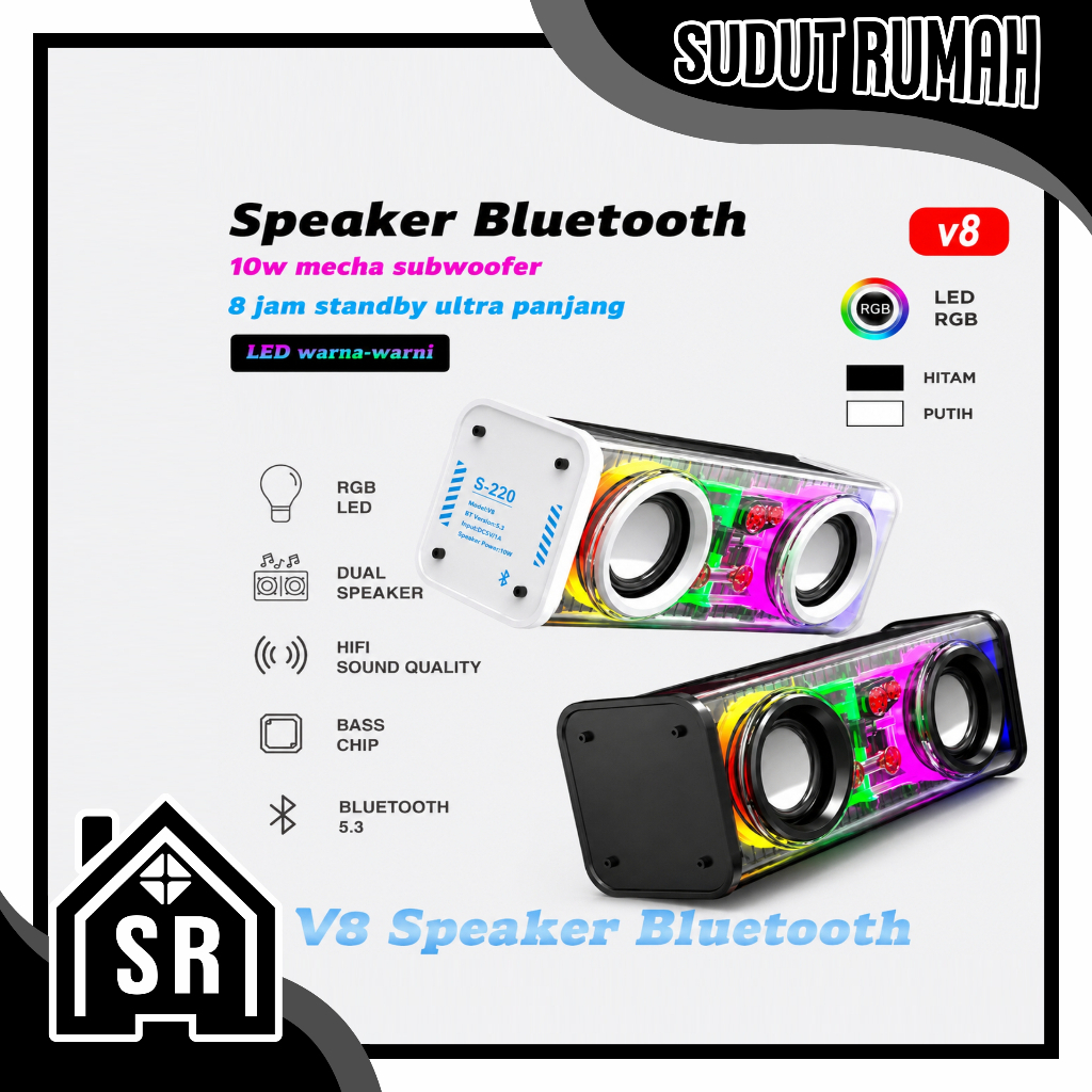 SR - Portable TWS RGB V8 V1 Lights Heavy Bass Music Battery Power Sound Box V8 Boombox Wireless Ster
