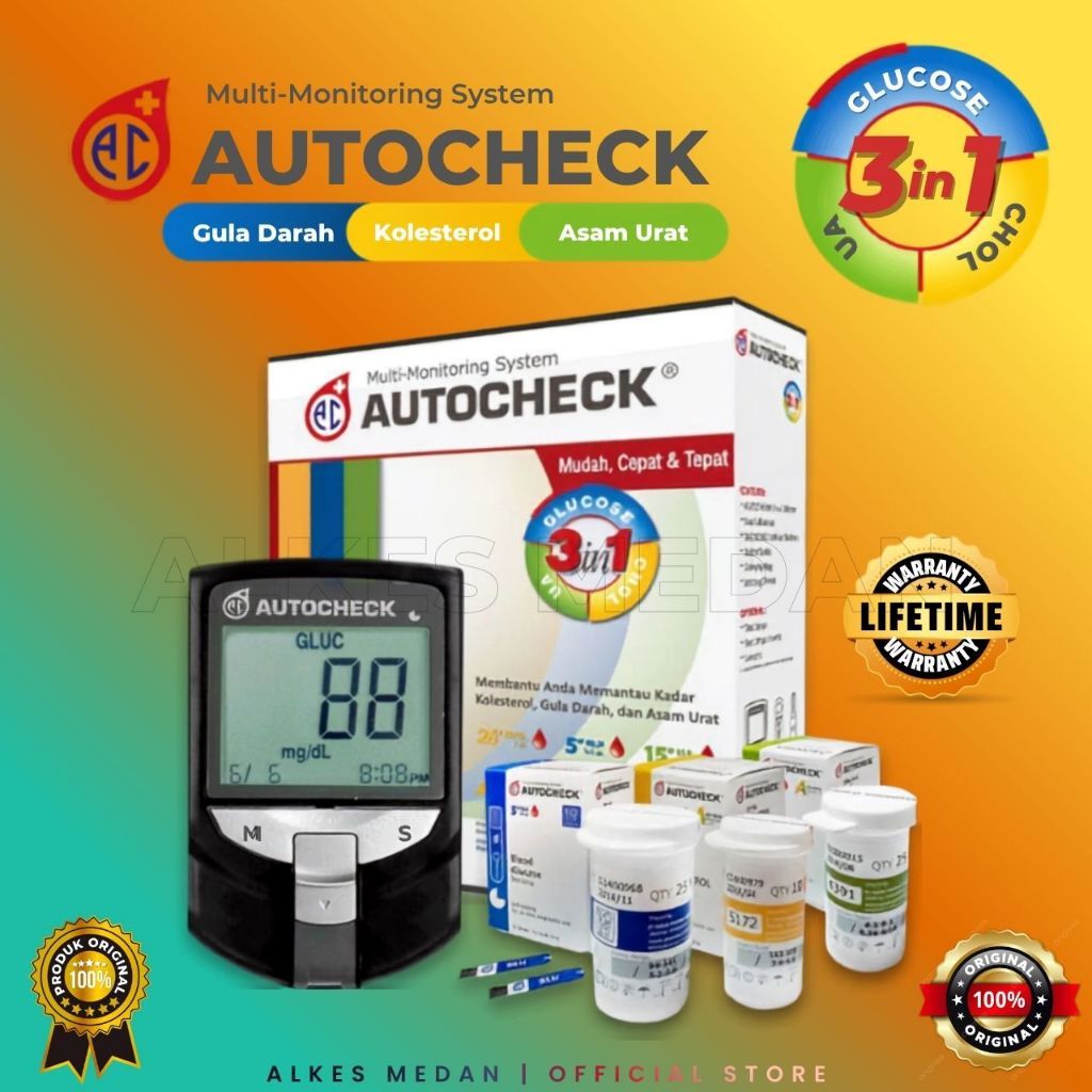 AUTOCHECK 3 IN 1 MESIN ALAT CEK GULA DARAH KOLESTROL ASAM URAT CHOLESTROL GLUCOSE ALKES MEDAN