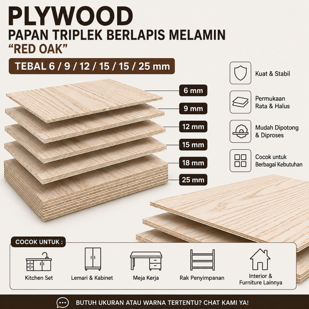 Triplek Multiplek Plywood "RED OAK" lapis melamin 1 lembar- papan kayu furniture Interior DIY KETEBA