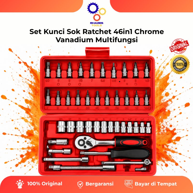 Set Kunci Sok Shock Ratchet 46in1 Chrome Vanadium 1/4 Auto Repair Tool Lengkap Socket Kit Pas Ring M