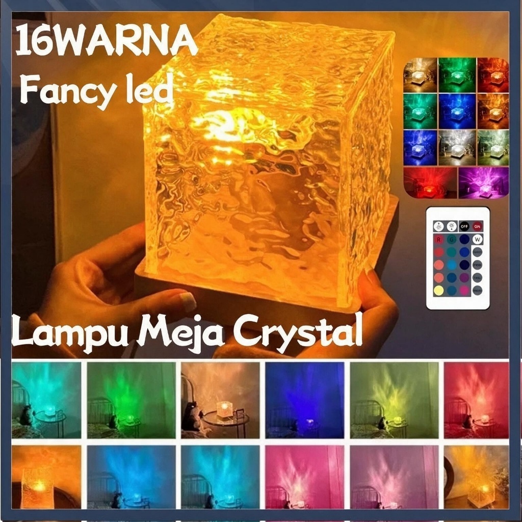 Lampu proyektor Aurora Lampu Meja Crystal LED 16 Warna dengan Remote Control Lampu Hias Kubus Transp