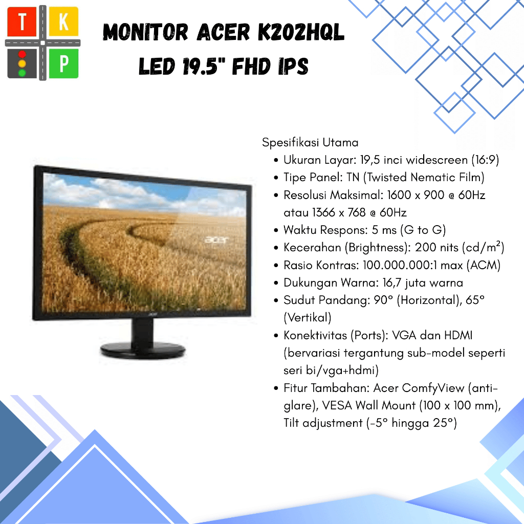 MONITOR ACER K202HQL LED 19.5" FHD IPS