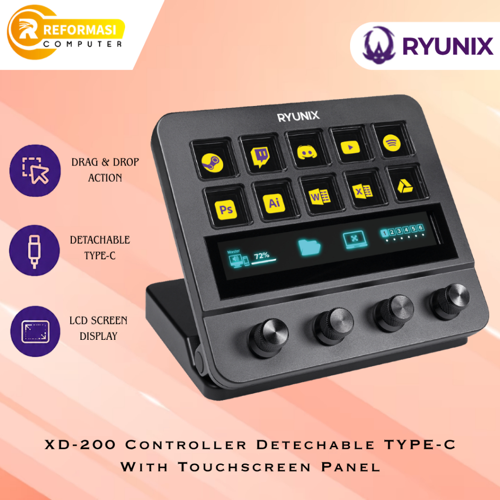 Sades Ryunix Steam Deck XD200 / XD-200 Controller Detachable Type-C With Touchscreen Panel / Garansi