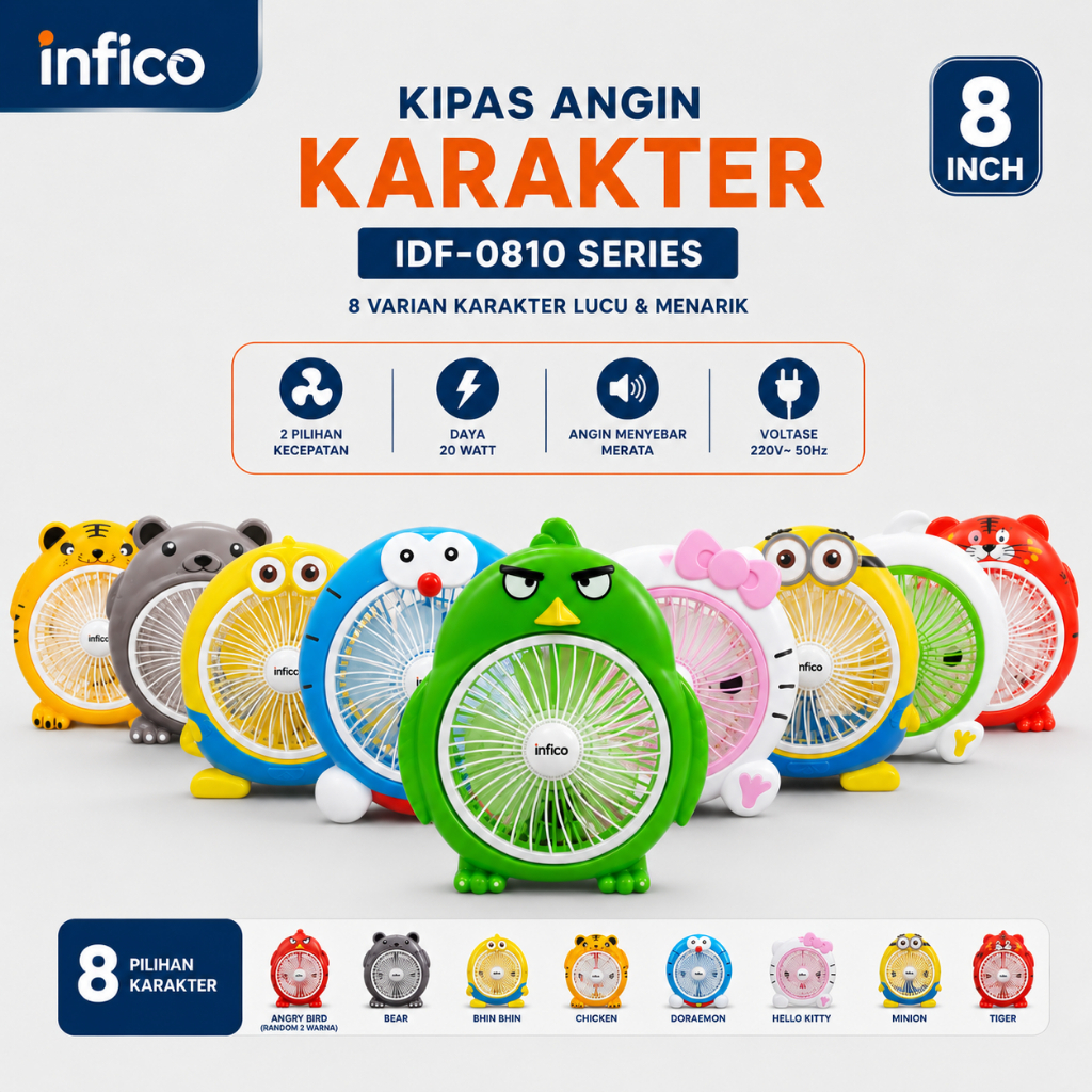 INFICO Kipas Angin Karakter IDF-0810 8 Inch 20W Kipas Meja Duduk Mini 2 Speed Fan Listrik AC 220V de