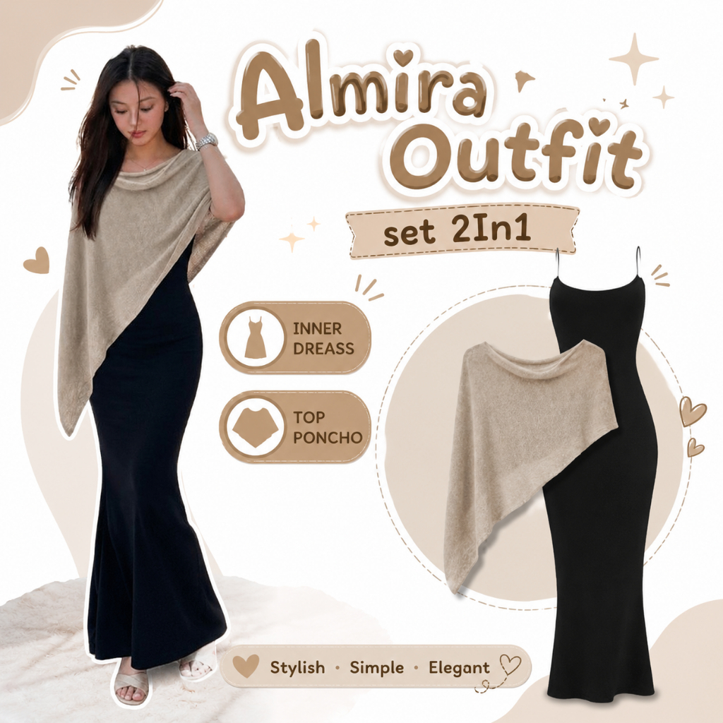 Set Dress Wanita 2in1 Inner Dress + Almira Top Poncho Outfit Pantai Jalan Kekinian - DT217