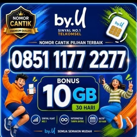 Nomor Cantik Super 1177 2277 Perdana Telkomsel BY.U kuota Bonus 10 GB [Segel] Belum Aktif Masa Aktif