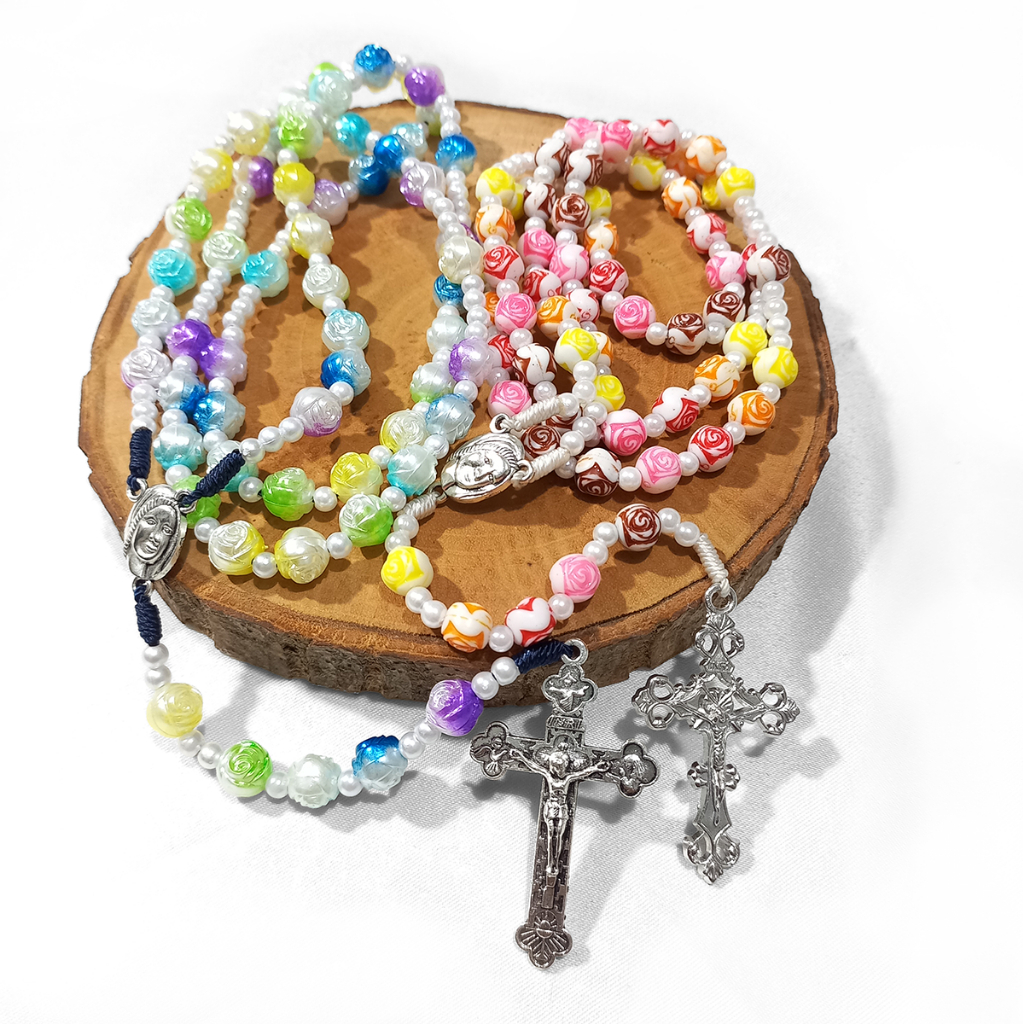 Kalung Rosario Katolik - Bahan Akrilik Mawar GRADASI Motif Silver - Souvenir Rosario Katolik